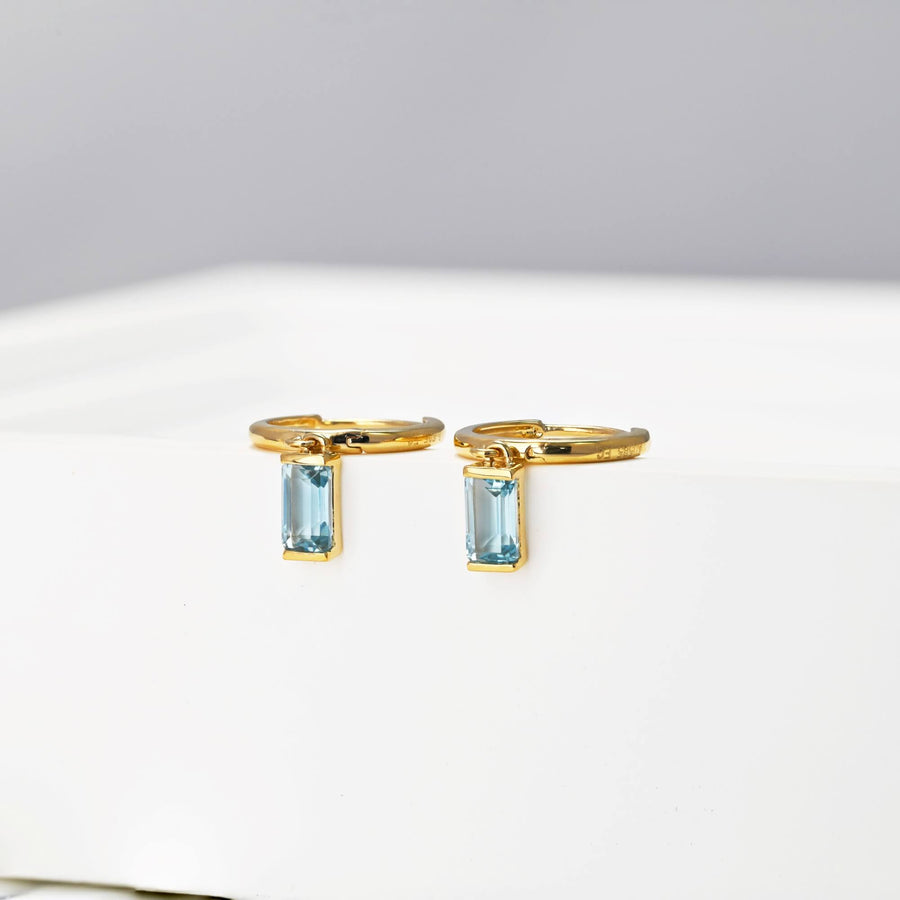 14k Solid Gold Baguette Natural Gemstone Drop Earrings