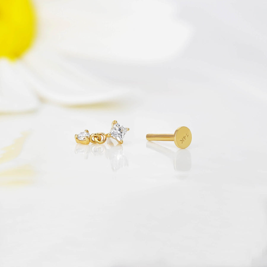 14k Solid Gold Celestial Duo Flat Back Stud Earring