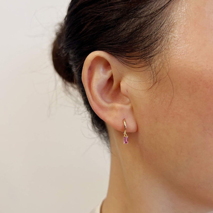 14k Solid Gold Baguette Natural Gemstone Drop Earrings