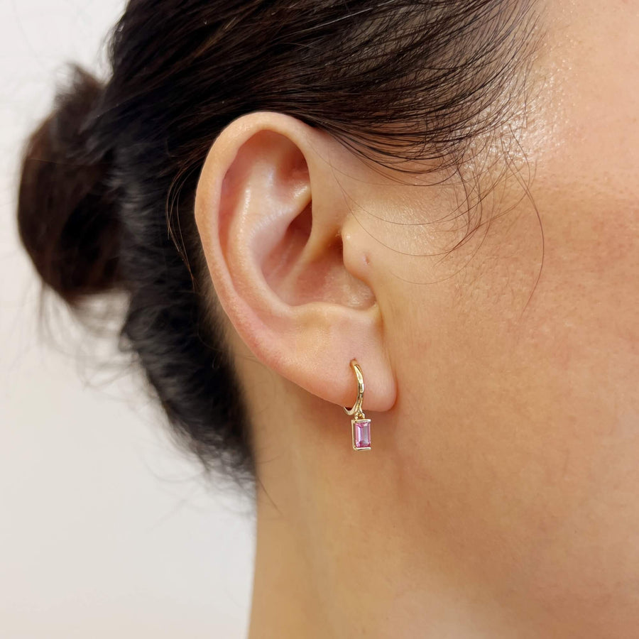 14k Solid Gold Baguette Natural Gemstone Drop Earrings