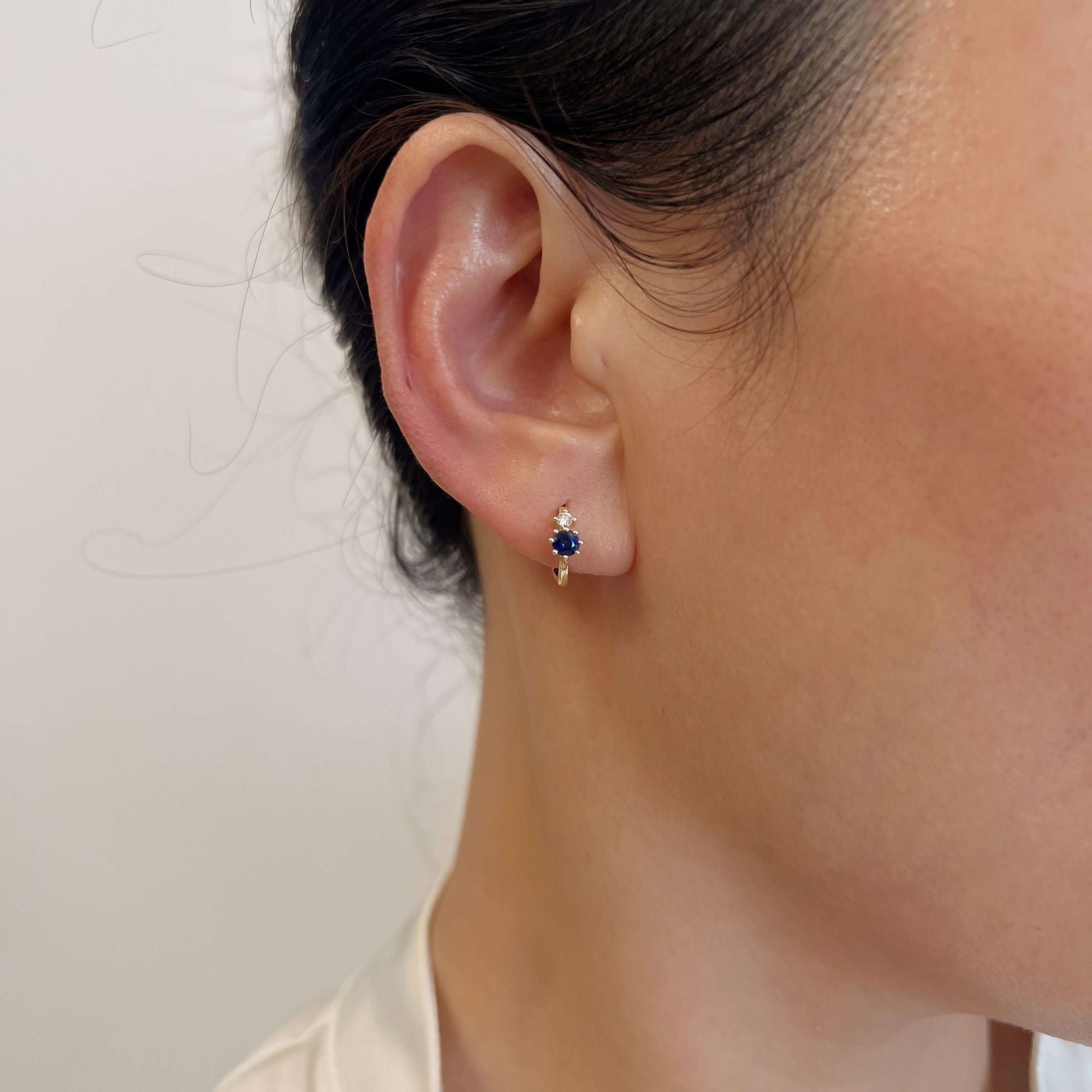 18k Blue Sapphire & Diamond Dainty Huggie Earrings