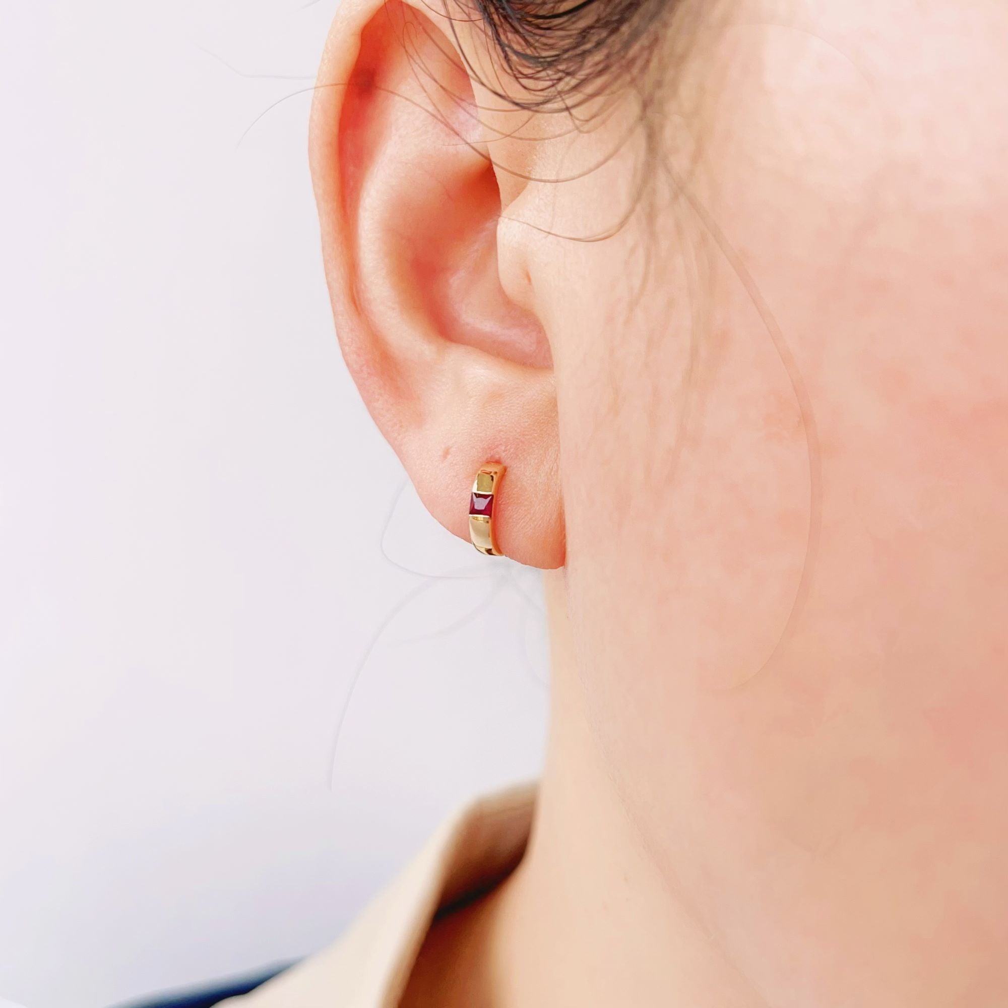 18k Solid Gold Princess Cut Natural Ruby Huggie Earrings