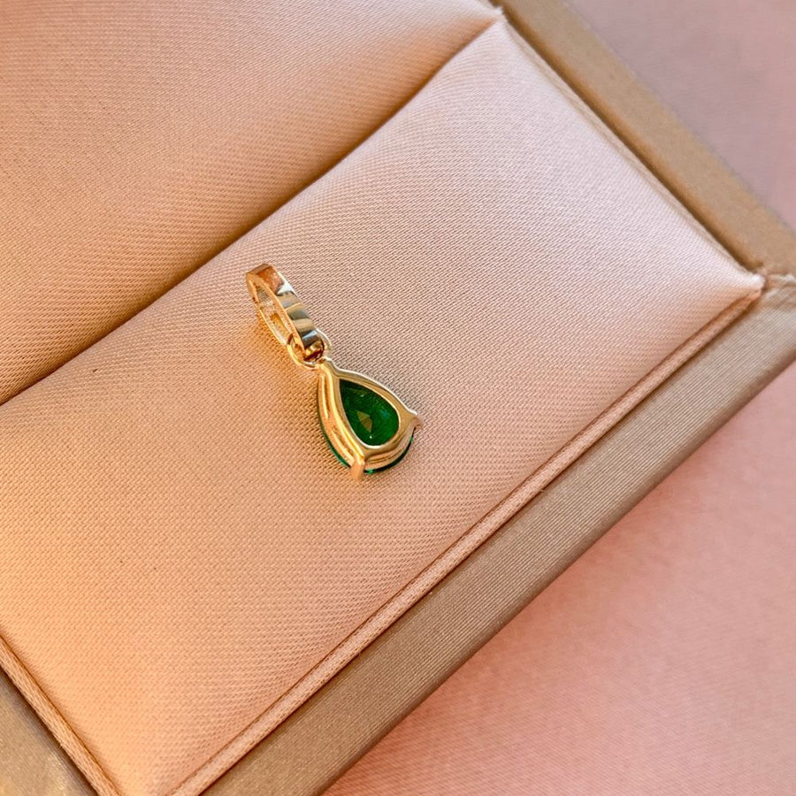 14k Solid Gold Teardrop Lab-Grown Emerald Pendant Necklace