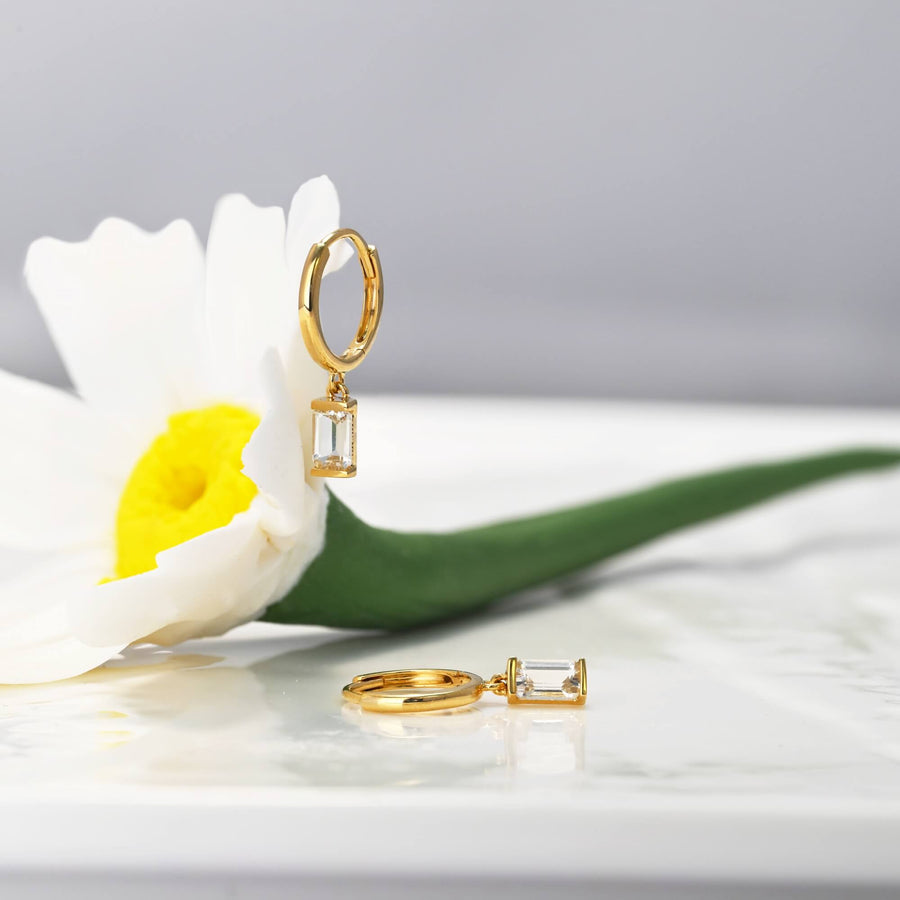 14k Solid Gold Baguette Natural Gemstone Drop Earrings