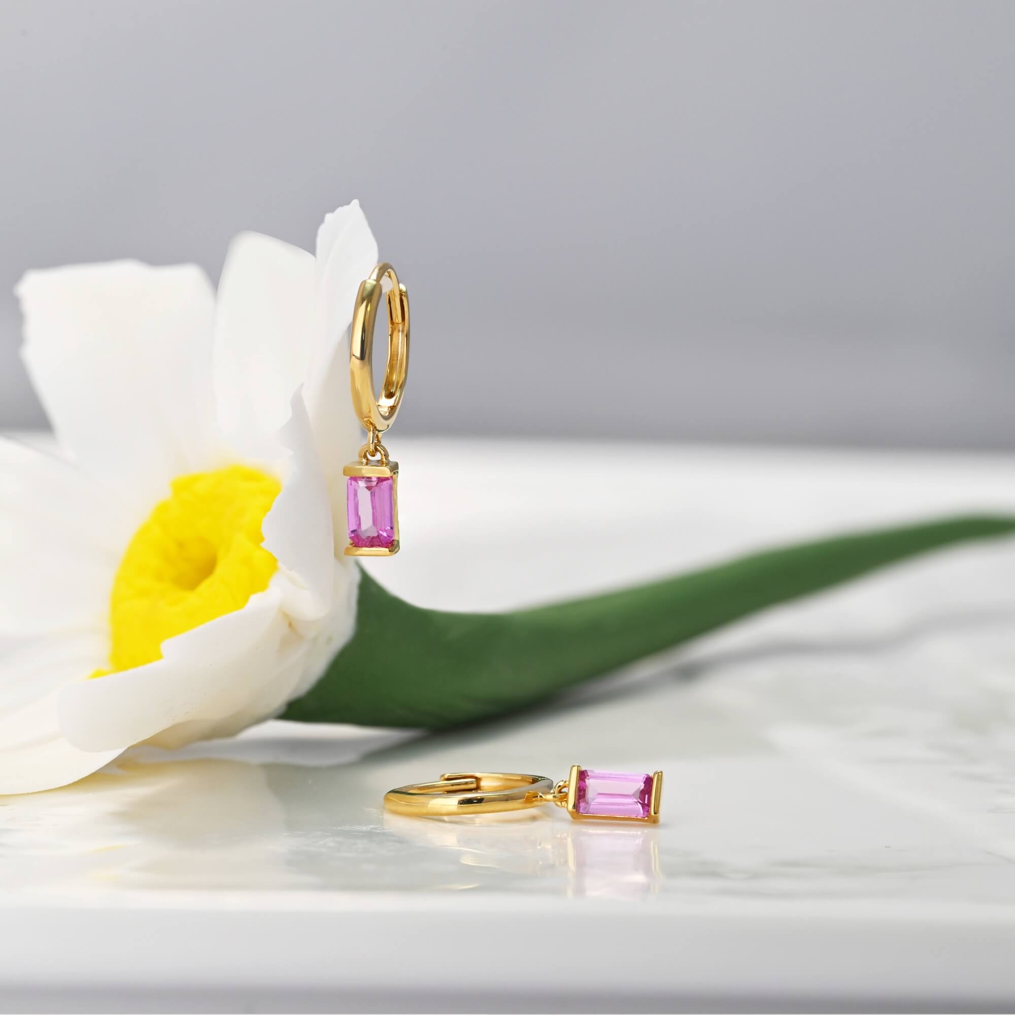 14ct solid gold pink sapphire baguette drop earrings