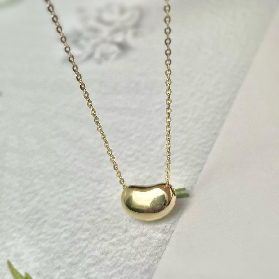 14k Solid Gold Puffy Bean Necklace - EVELYN GOLD JEWELS