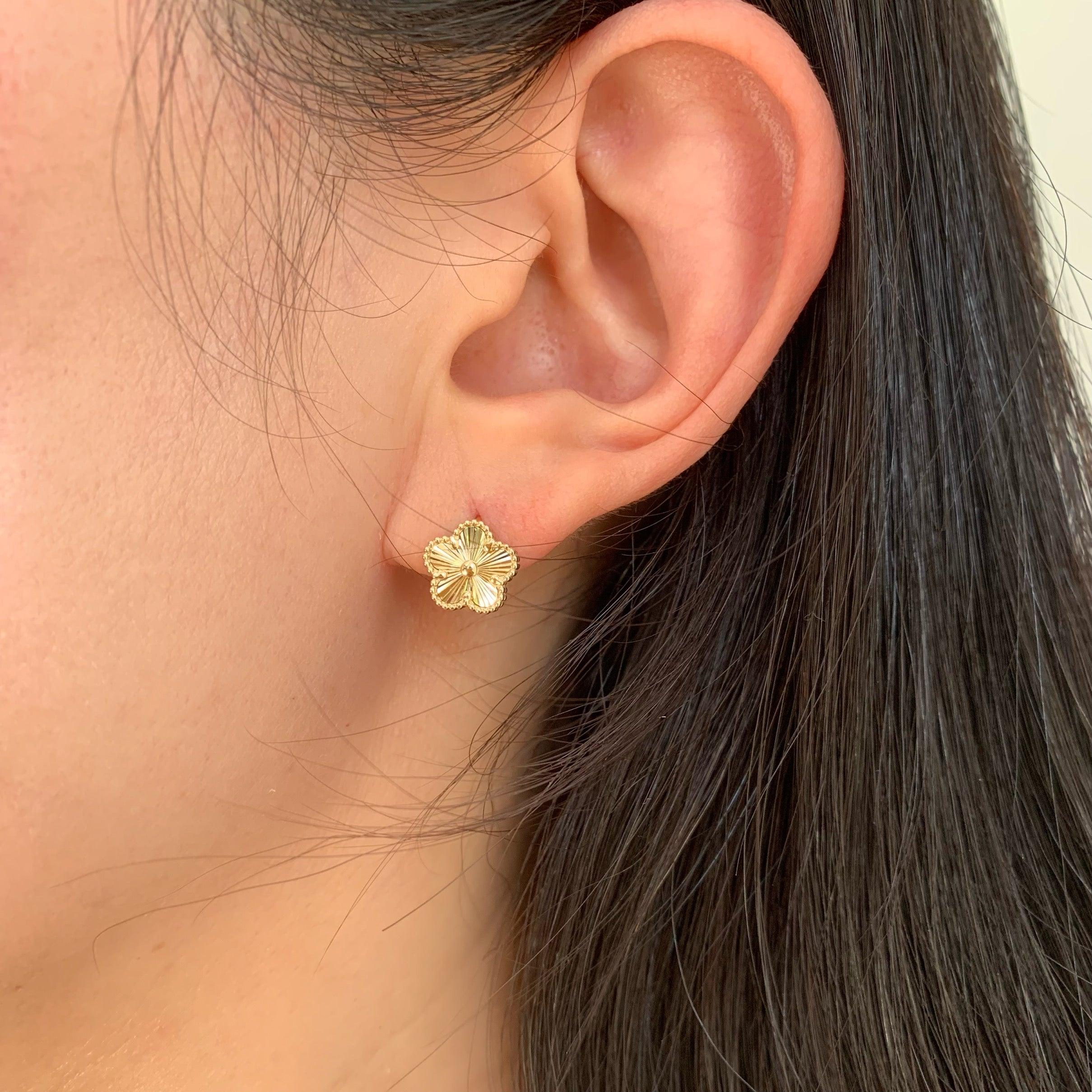 14k Solid Gold Sparkly Flower Huggie Earrings
