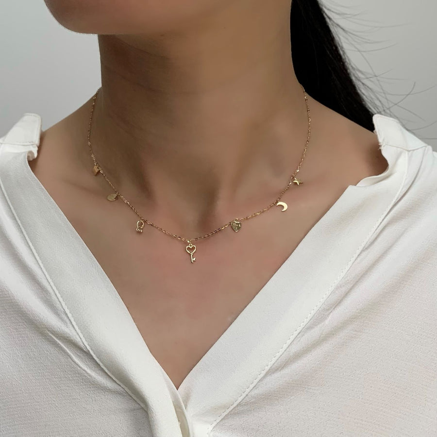 14k Solid Gold Multi Charm Necklace