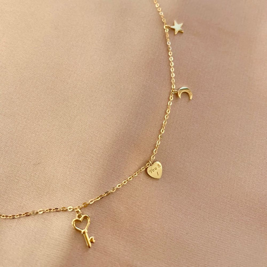 14k Solid Gold Multi Charm Necklace