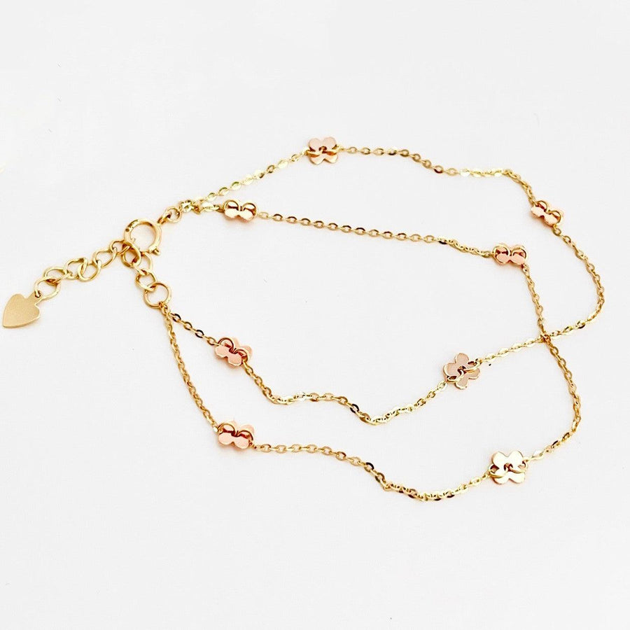 14k Solid Gold Dainty Double Chain Floral Bracelet - EVELYN GOLD JEWELS