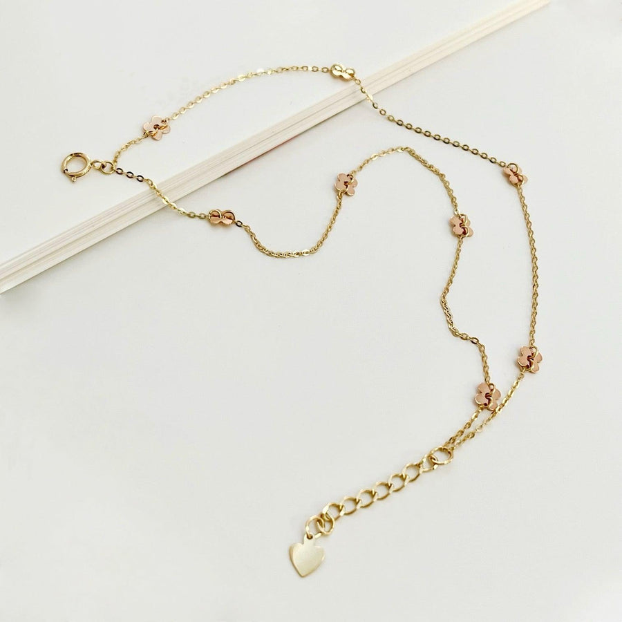 14k Solid Gold Dainty Double Chain Floral Bracelet - EVELYN GOLD JEWELS