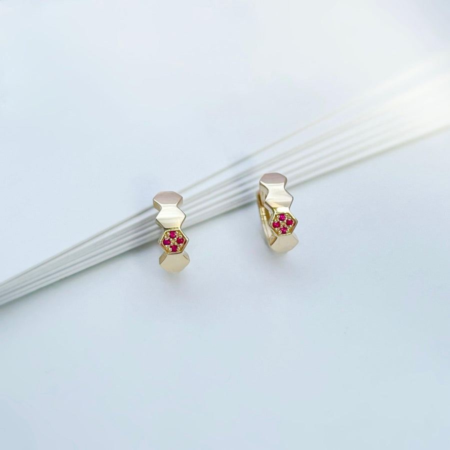 14k Solid Gold Ruby/Sapphire Beehive Huggie Earrings - EVELYN GOLD JEWELS