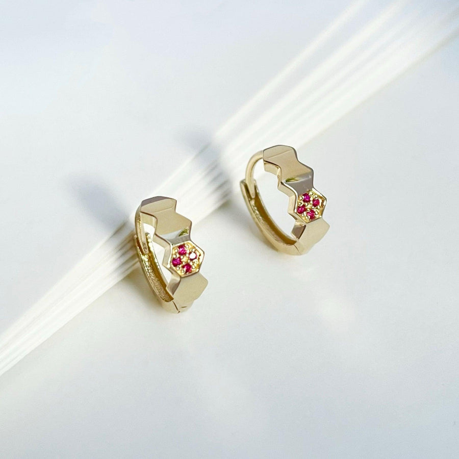 14k Solid Gold Ruby/Sapphire Beehive Huggie Earrings - EVELYN GOLD JEWELS