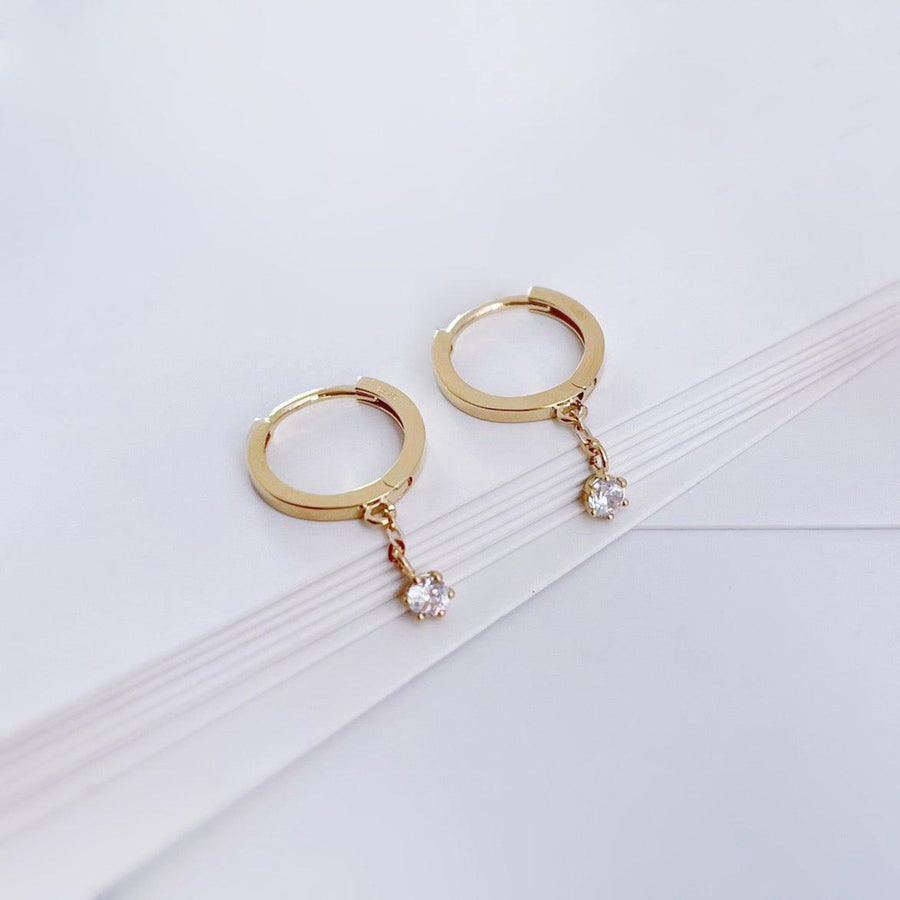 14k Solid Gold Dainty Dangle CZ Huggie Earrings - EVELYN GOLD JEWELS