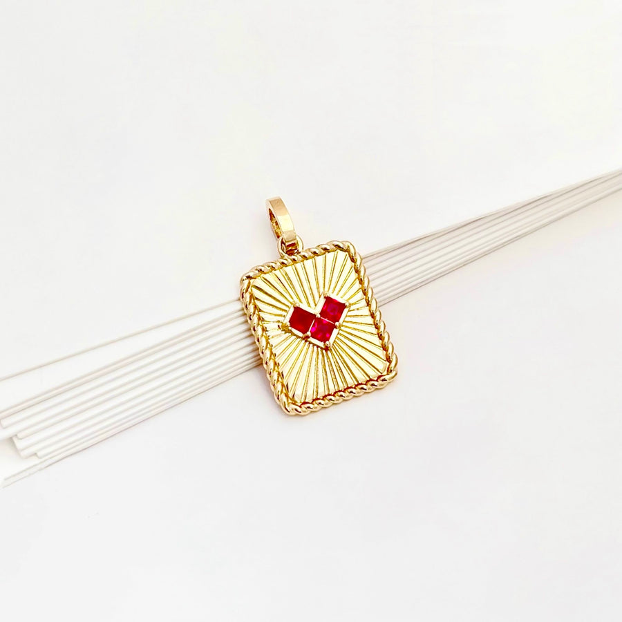 14k Solid Gold Ruby Red Heart Beamed Pendant