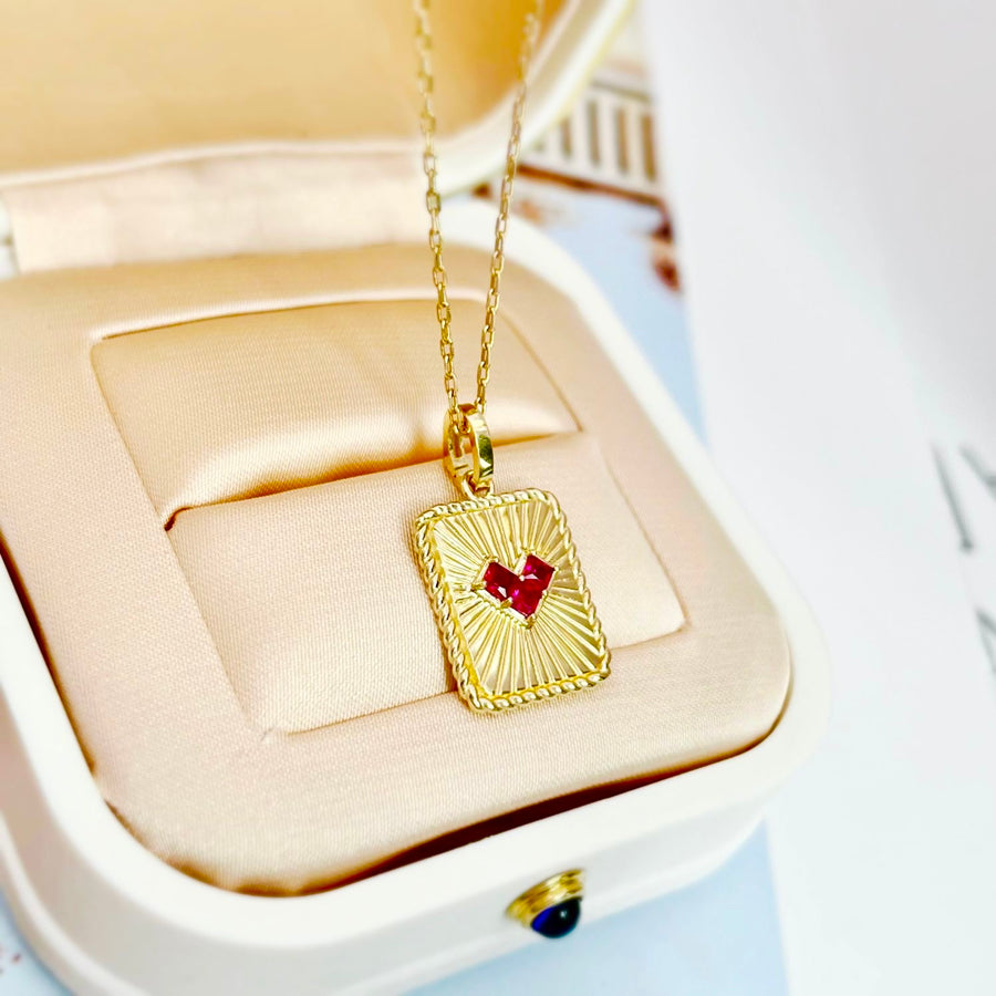 14k Solid Gold Ruby Red Heart Beamed Pendant