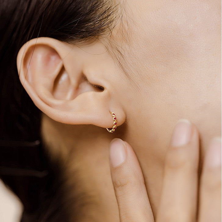 14k Solid Gold Dainty Natural Ruby Twisted Hoop Earrings