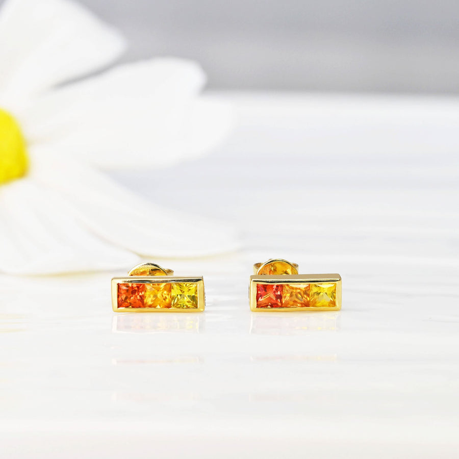 9k Solid Gold Rainbow Sapphire Bar Stud Earrings