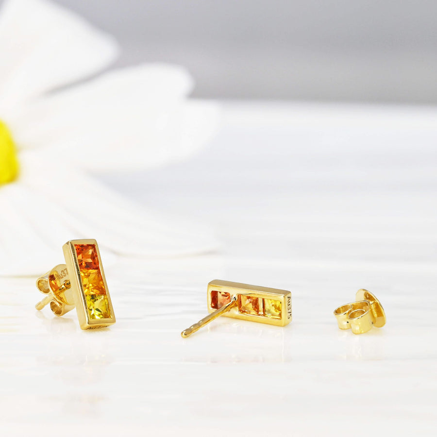 9k Solid Gold Rainbow Sapphire Bar Stud Earrings