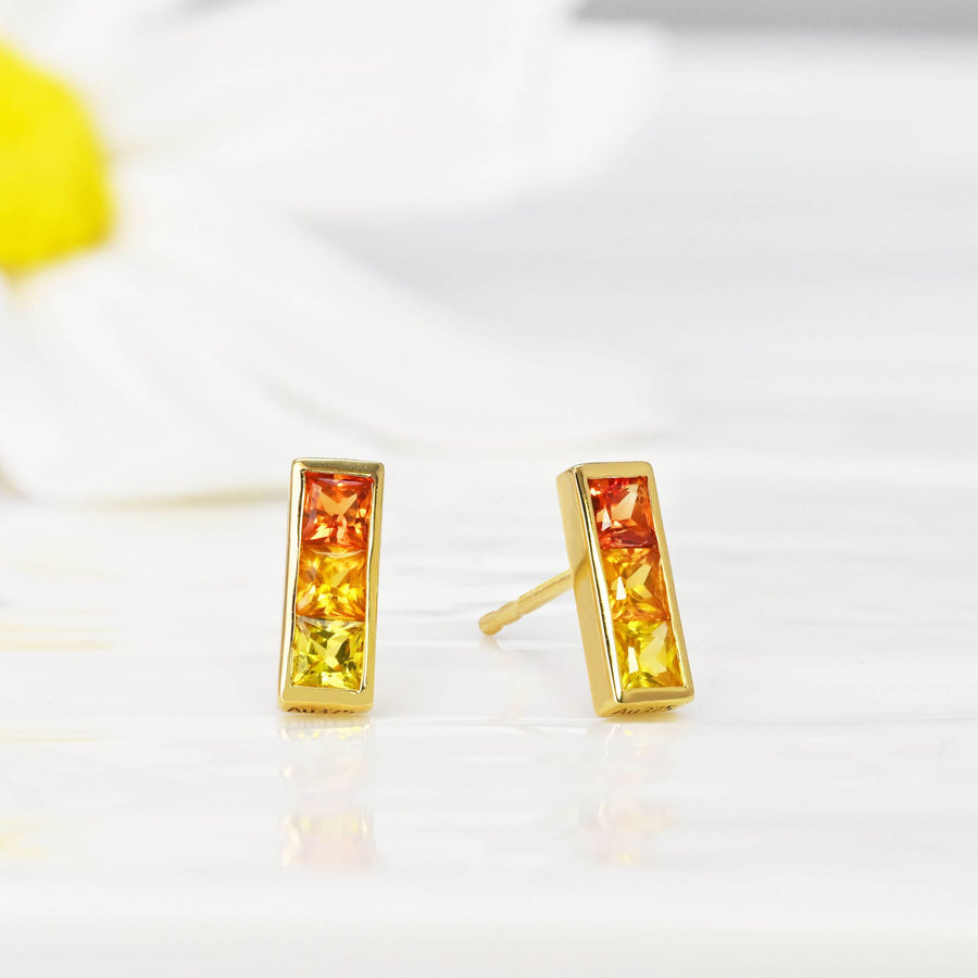 9k Solid Gold Rainbow Sapphire Bar Stud Earrings