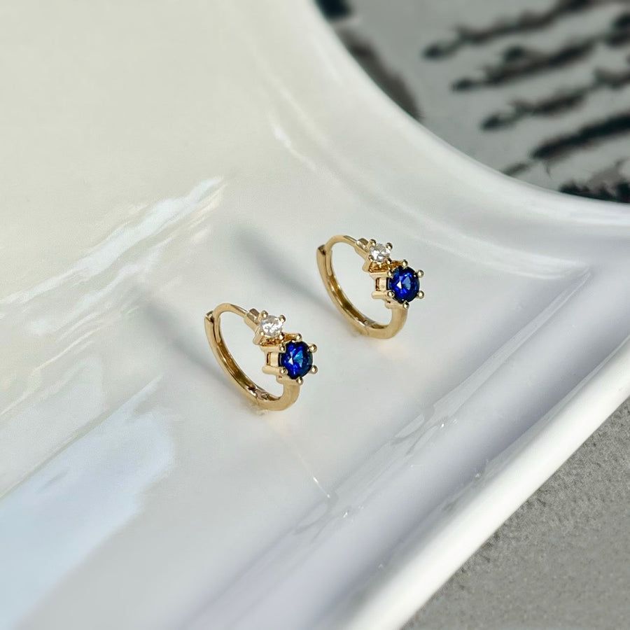 18k Blue Sapphire & Diamond Dainty Huggie Earrings