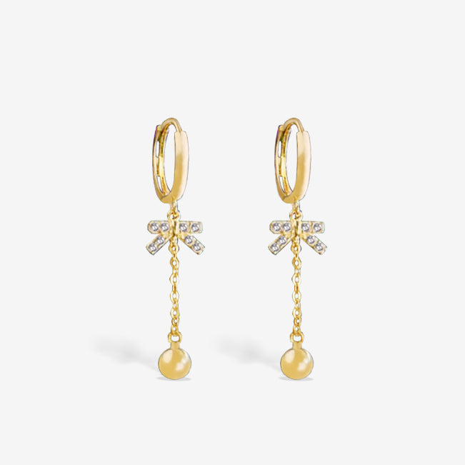 14k Solid Gold Dangle Bow Knot Drop Earrings