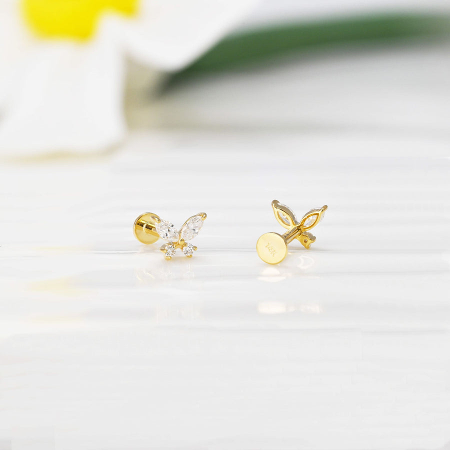 14k Solid Gold Lab-Grown Diamond Butterfly Flat Back Stud Earring