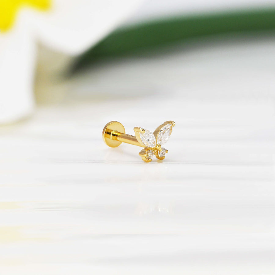 14k Solid Gold Lab-Grown Diamond Butterfly Flat Back Stud Earring