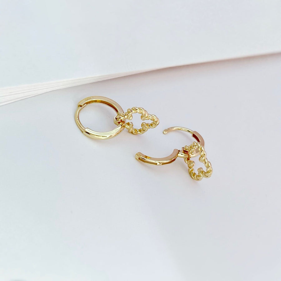 14k Solid Gold Braided Clover Charm Huggie Earrings