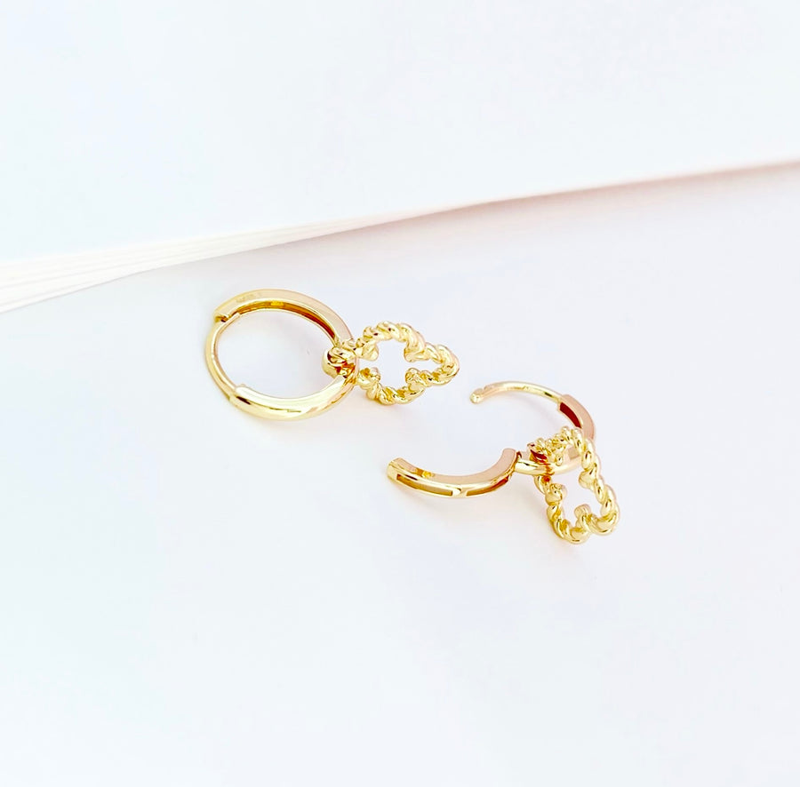 14k Solid Gold Braided Clover Charm Huggie Earrings