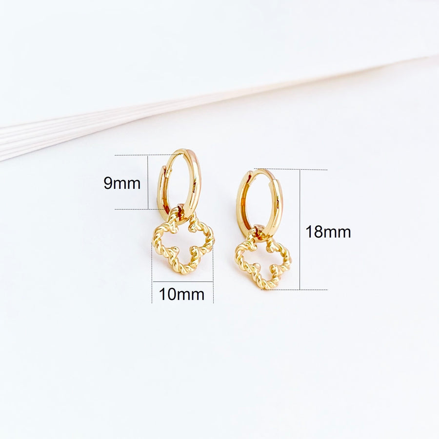 14k Solid Gold Braided Clover Charm Huggie Earrings