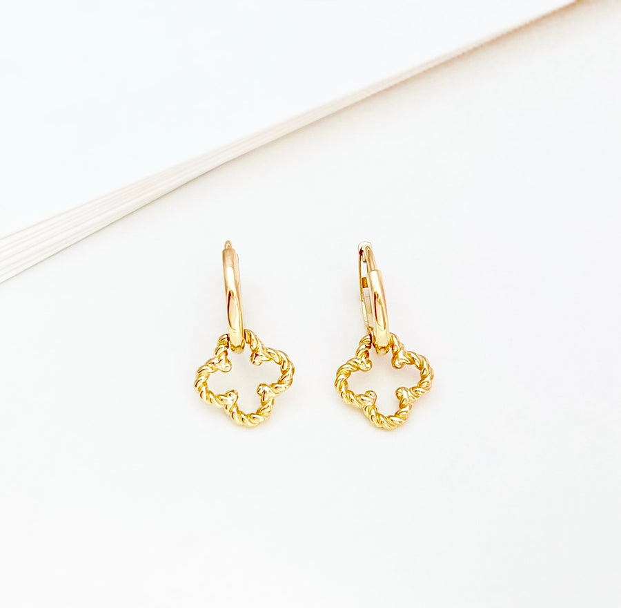 14k Solid Gold Braided Clover Charm Huggie Earrings