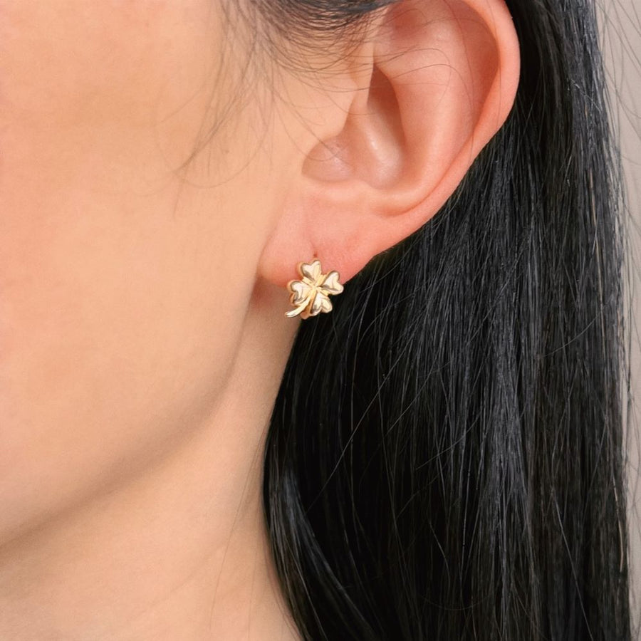 14k Solid Gold Four Leaf Clover Huggie Earrings