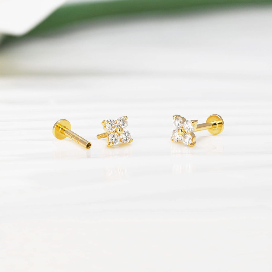 14k Solid Gold Lab-Grown Diamond Clover Flat Back Stud Earring