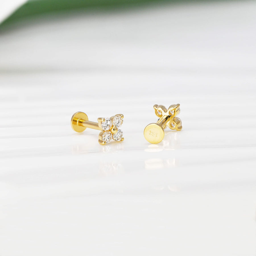 14k Solid Gold Lab-Grown Diamond Clover Flat Back Stud Earring
