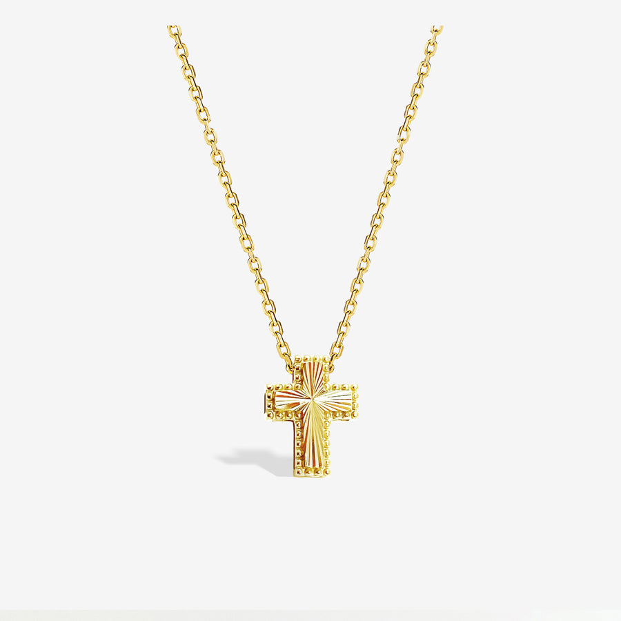 14k Solid Gold Sunray Cross Pendant Necklace