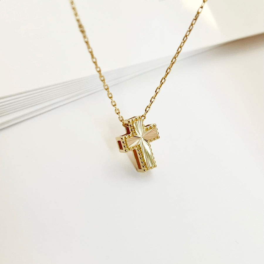 14k Solid Gold Sunray Cross Pendant Necklace