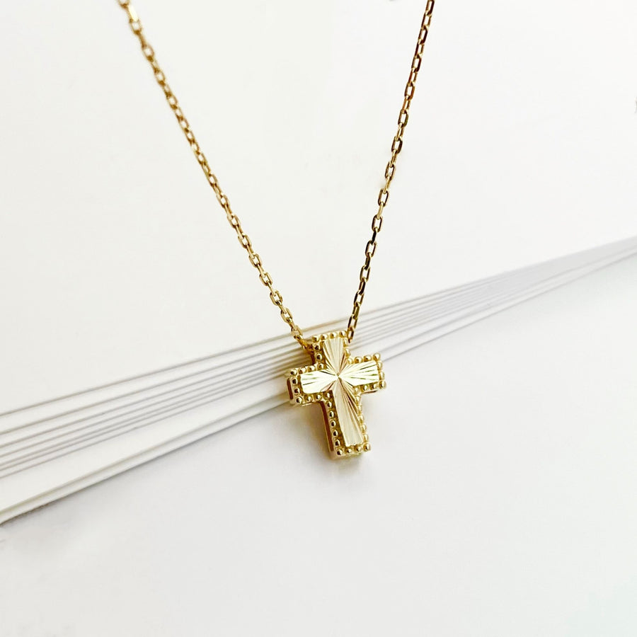 14k Solid Gold Sunray Cross Pendant Necklace