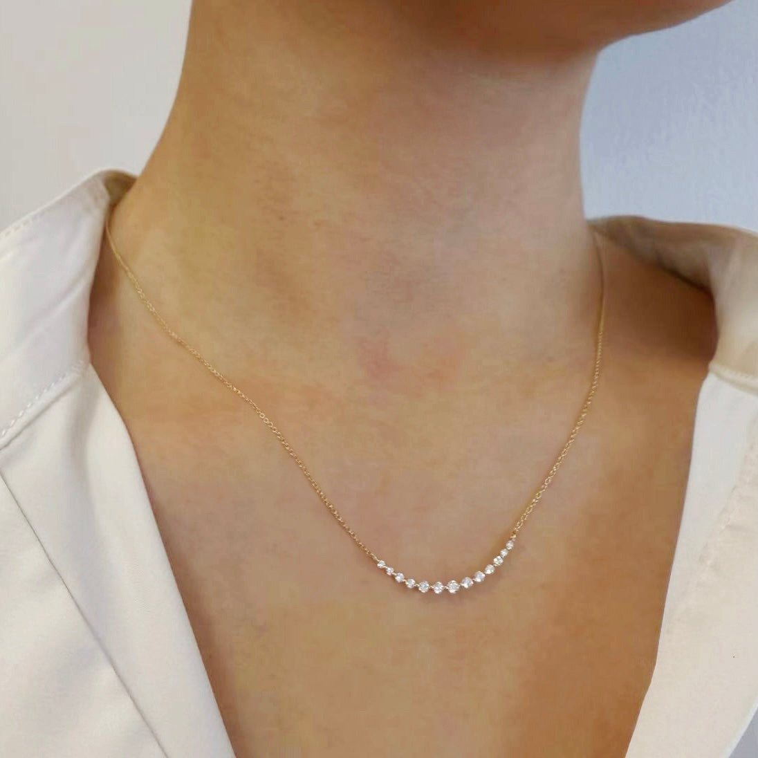 14k Solid Gold Graduated Lab Diamond Curved Bar Necklace