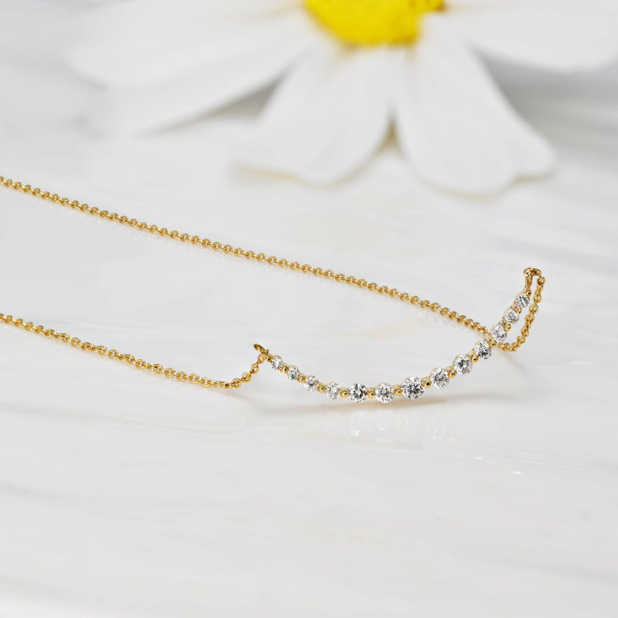 14k Solid Gold Graduated Lab Diamond Curved Bar Necklace
