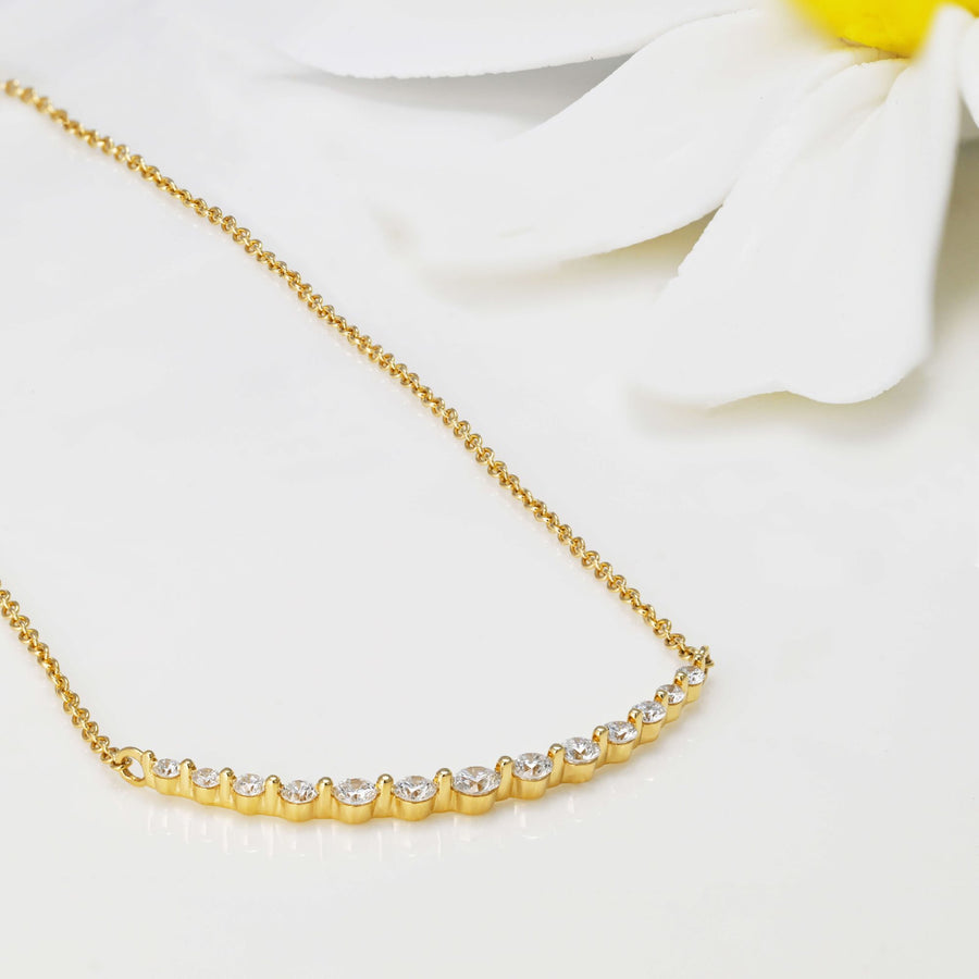 14k Solid Gold Graduated Lab Diamond Curved Bar Necklace