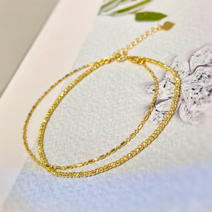 18k Solid Gold Double Chain Diamond Cut Beaded Bracelet
