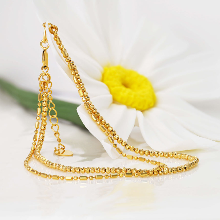 18k Solid Gold Double Chain Diamond Cut Beaded Bracelet