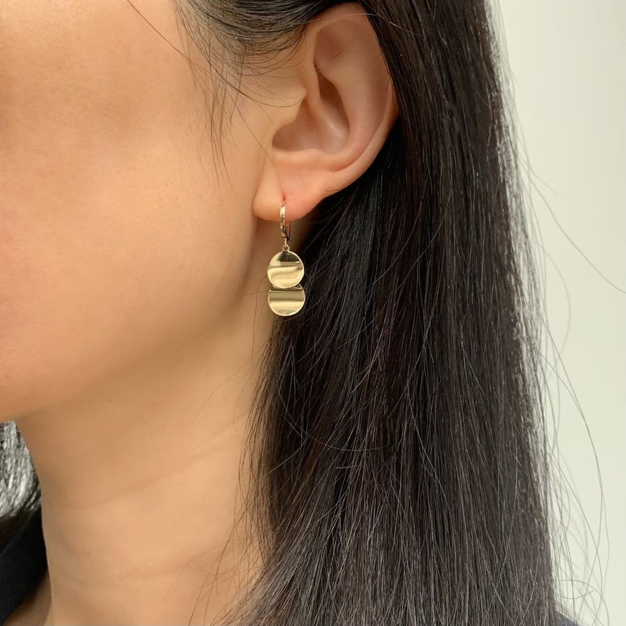 14k Solid Gold Duo Wavy Disc Drop Earrings