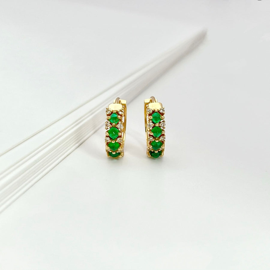 18k Natural Emerald & Diamond Pavé Huggie Earrings