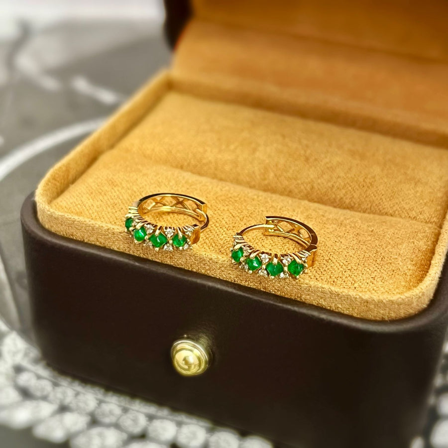 18k Natural Emerald & Diamond Pavé Huggie Earrings