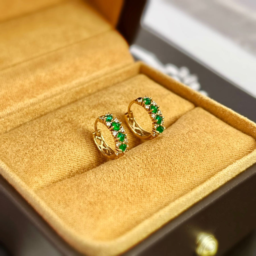 18k Natural Emerald & Diamond Pavé Huggie Earrings