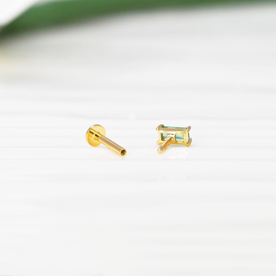 14k Solid Gold Lab-Grown Emerald Baguette Flat Back Stud Earring