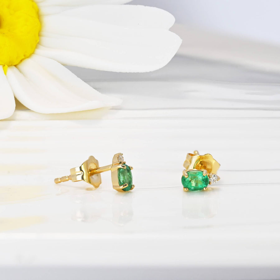 14k Solid Gold Natural Emerald & Diamond Stud Earrings