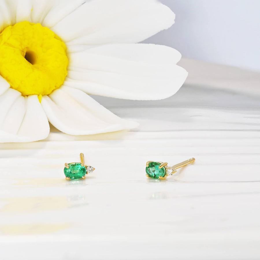 14k Solid Gold Natural Emerald & Diamond Stud Earrings